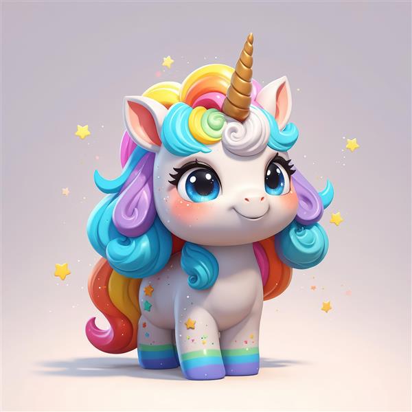 پونی تک‌شاخ با ستاره‌های طلایی معلق، تصویر سه‌بعدی کودکانه برای تولید تابلو و دکوراسیون شاد