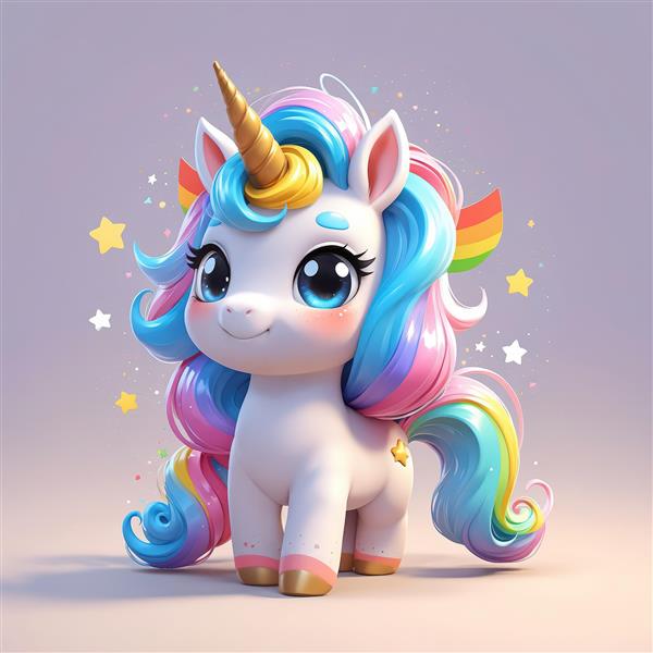 تک‌شاخ شاهزاده خانم کوچک با بال‌های رنگین‌کمان، تصویر استودیویی اورجینال برای پوستر و چاپ عریض