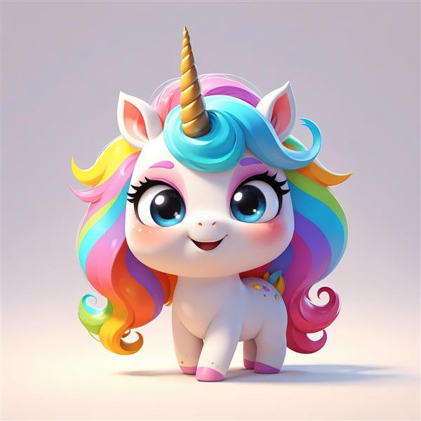 تک‌شاخ بانمک با یال رنگین‌کمانی و چشم‌های معصوم، عکس سه بعدی باکیفیت برای محصولات دکوراتیو دخترانه