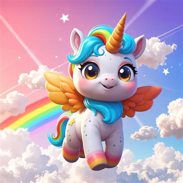 پگاسوس تک‌شاخ پرنده در آسمان رنگارنگ، تصویر اورجینال فانتزی با ابر برای چاپ عریض و اتاق بازی