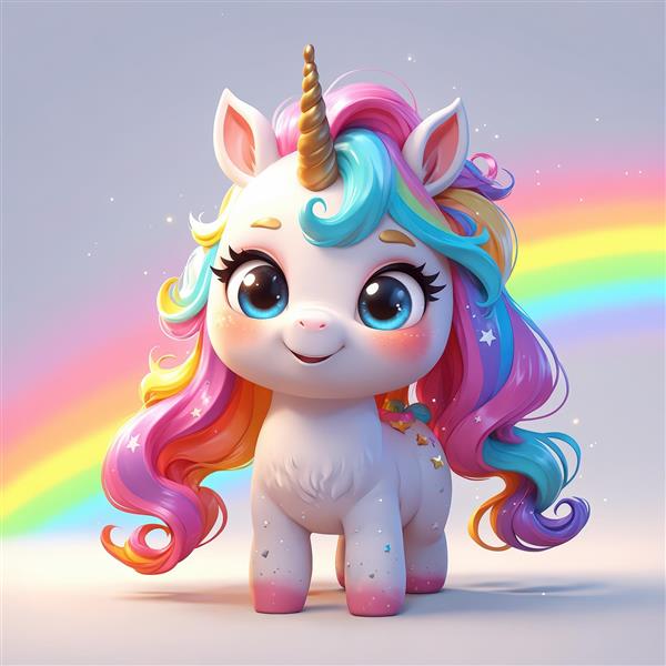 تک‌شاخ فانتزی کارتونی در زیر رنگین‌کمان، تصویر باکیفیت برای پوستر و تابلو دکوراتیو اتاق کودک