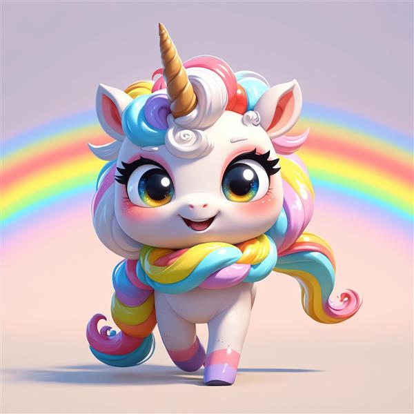 تک‌شاخ در حال دویدن با شال رنگین‌کمانی در پس‌زمینه رنگارنگ، عکس فانتزی برای پوستر عریض و شاد