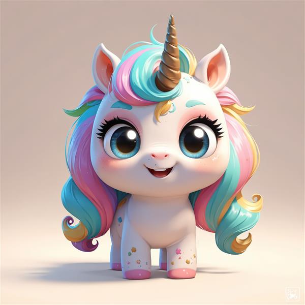 چهره تک‌شاخ دوست‌داشتنی با موهای مجعد، تصویر پرتره کارتونی برای چاپ دکوراتیو با کیفیت بالا