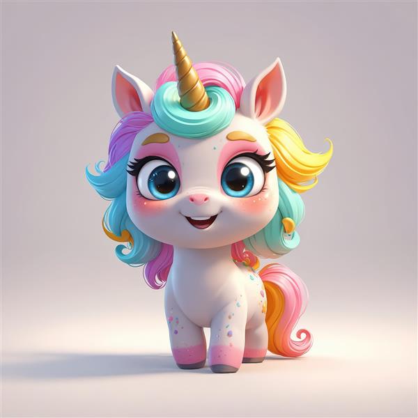 پونی تک‌شاخ شاد با یال روشن و چشم‌های آبی، عکس استودیویی باکیفیت برای پوستر و قاب دکوراتیو