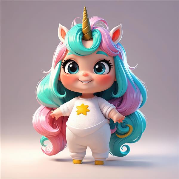 تک‌شاخ نوزاد در لباس ستاره‌ای، تصویر کارتونی عروسکی بامزه برای چاپ و استفاده در طرح‌های بچه‌گانه