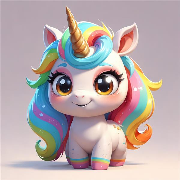 تک‌شاخ رنگین‌کمانی با چشم‌های بزرگ و براق، تصویر سه‌بعدی کودکانه برای چاپ تابلو و محصولات دکوراتیو