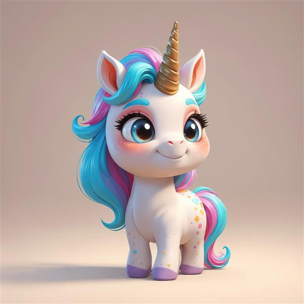 پونی تک‌شاخ دخترانه با یال آبی و صورتی، پس‌زمینه ساده، تصویر باکیفیت بالا برای چاپ پوستر فانتزی