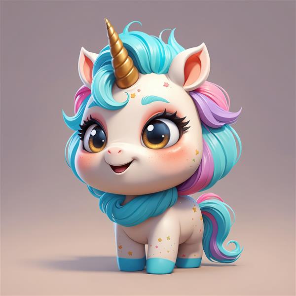 تک‌شاخ چبی کوچک با شال گردن فیروزه‌ای، عکس سه بعدی فانتزی برای چاپ عریض و اتاق خواب کودک