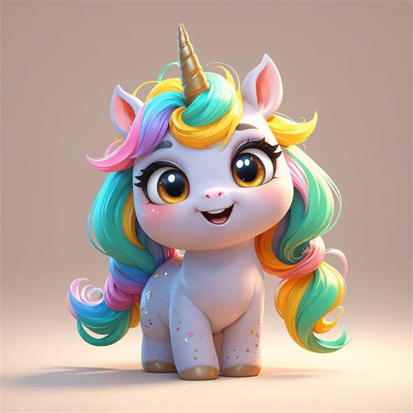 تک‌شاخ بامزه پری دریایی با موهای فانتزی رنگارنگ، عکس باکیفیت برای پوستر کودک و دکور اتاق دخترانه