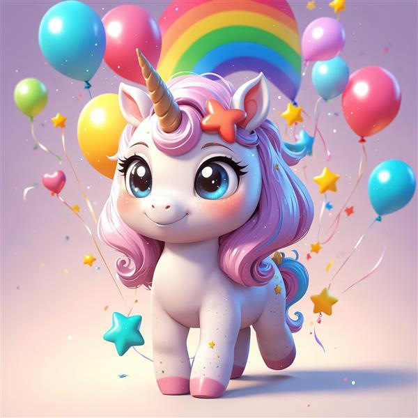 یونیکورن دخترانه با یال صورتی و تاج ستاره‌ای در جشن شادمانی