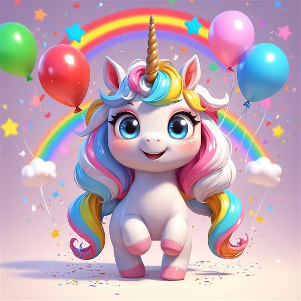 یونیکورن شاد با یال‌های ابریشمی رنگین‌کمانی و بادکنک‌های شناور
