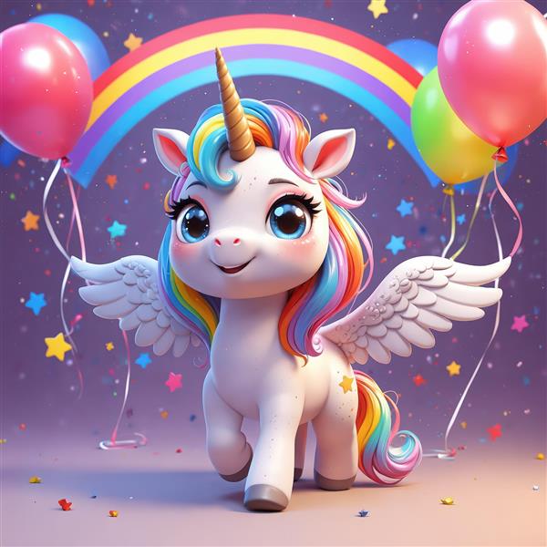 یونیکورن پگاسوس در مهمانی رنگارنگ با بادکنک و رنگین‌کمان پس‌زمینه