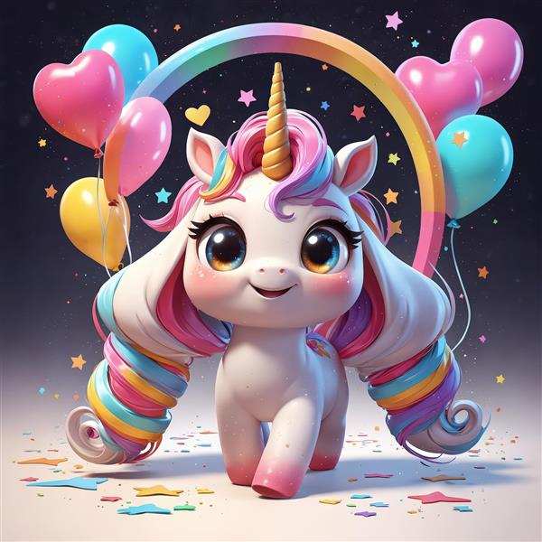 یونیکورن کارتونی در حال دویدن با بالون‌های قلبی شکل و رنگین‌کمان
