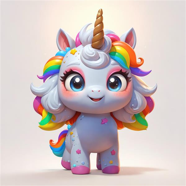 یونیکورن با یال سفید و رنگی و چشم‌های آبی بزرگ در یک روز آفتابی