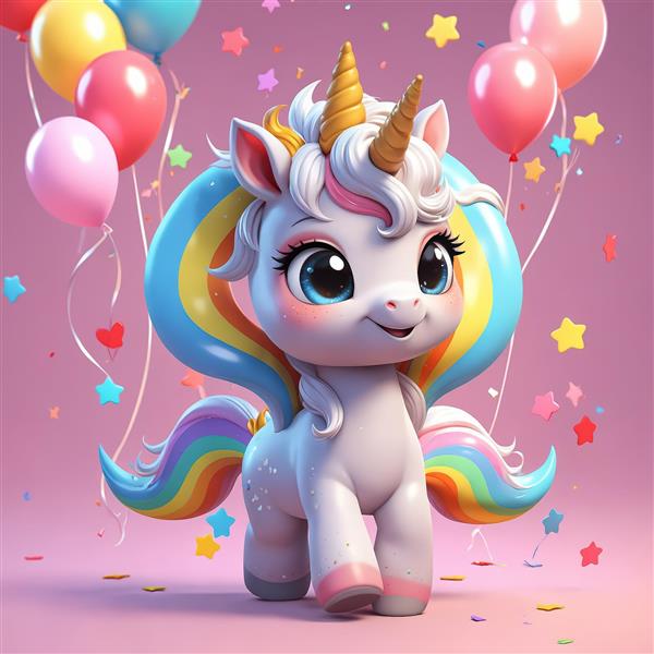 یونیکورن جشنی با یال‌های حجیم رنگین‌کمان و بادکنک‌های صورتی و زرد