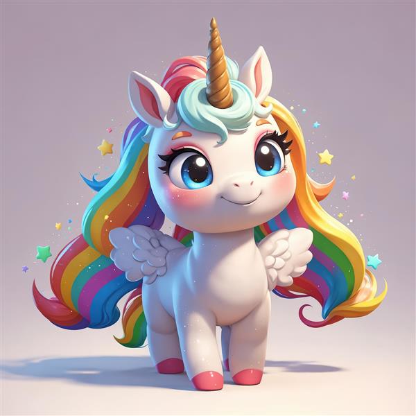یونیکورن بالدار شاد با یال بلند و مواج رنگین‌کمانی و ستاره‌های درخشان