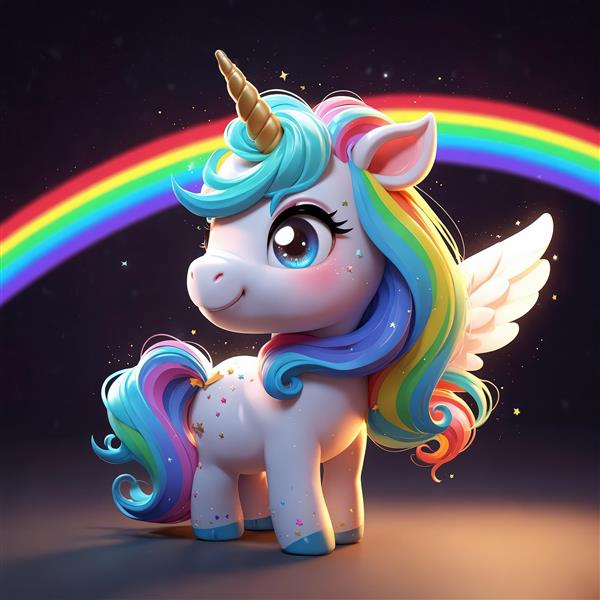 یونیکورن پگاسوس بالدار در شب پر ستاره با رنگین‌کمان درخشان
