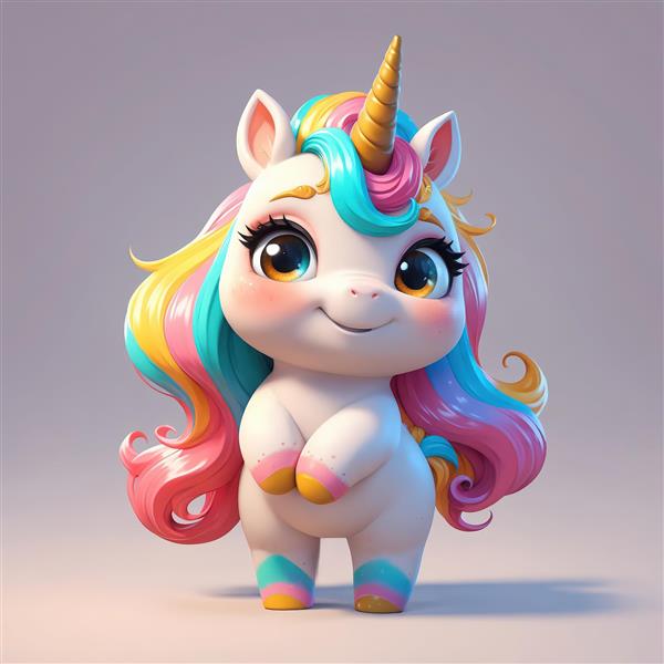 تصویر یونیکورن با یال فرفری صورتی، زرد و آبی و ژست فروتنی