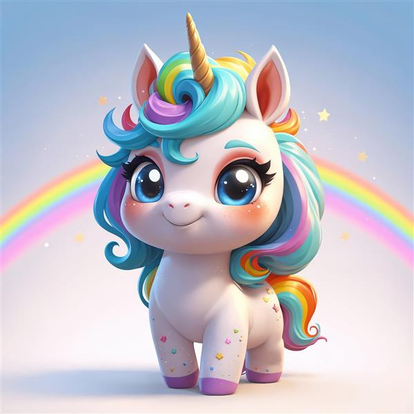 یونیکورن بانمک با یال رنگین‌کمانی و شاخ طلایی در پس‌زمینه آسمان آبی