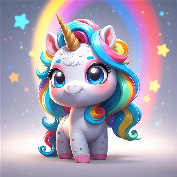 یونیکورن کوچک با شاخ طلایی، پس‌زمینه رنگین‌کمان و دانه‌های برف