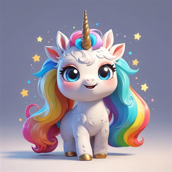 یونیکورن با یال بلند و براق رنگین‌کمانی در میان ستاره‌های طلایی