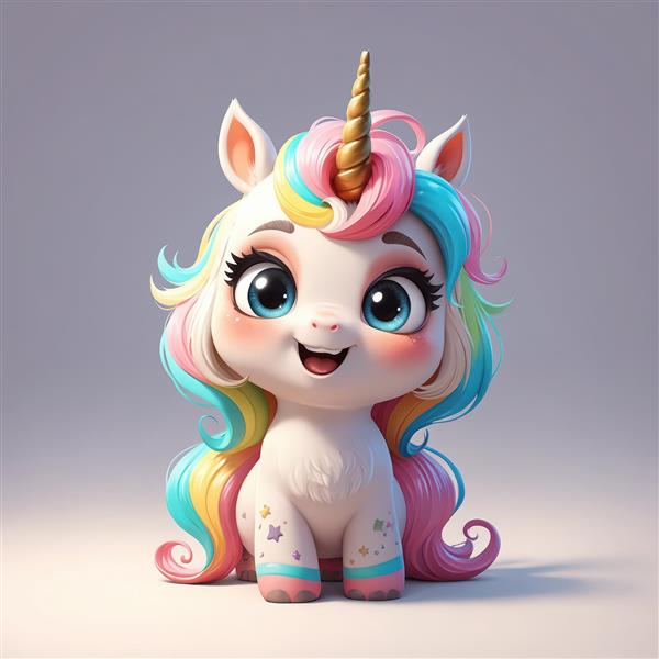 یونیکورن نشسته خندان با یال پاستلی و چشم‌های آبی خیره‌کننده