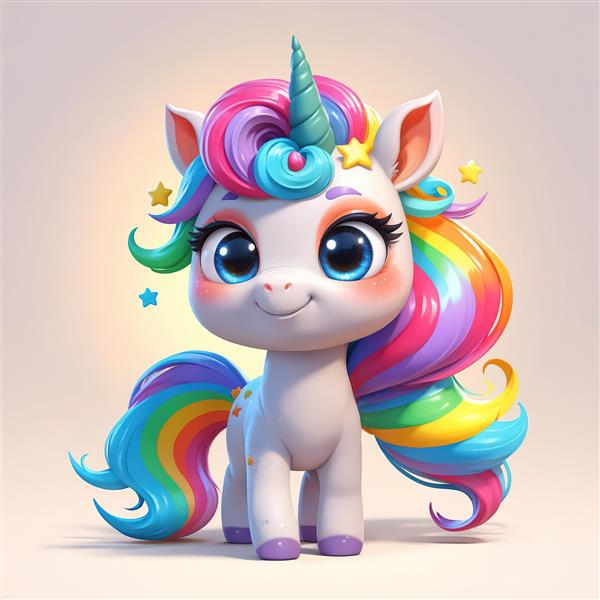 یونیکورن با یال‌های رنگین‌کمان و ستاره‌های طلایی کوچک درخشان
