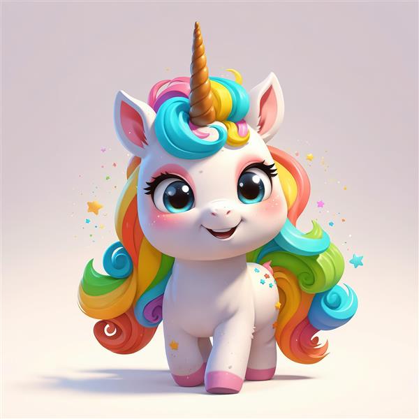 یونیکورن خندان در حال راه رفتن با یال بلند و فر خورده رنگین‌کمانی
