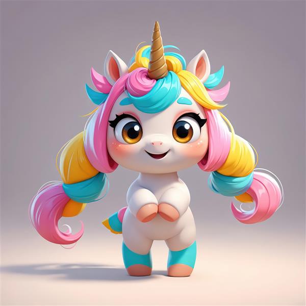 تصویر یونیکورن ایستاده با پنجه‌های روبه‌روی هم و یال‌های پفکی رنگارنگ