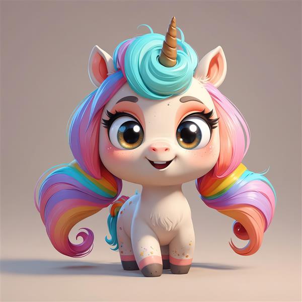 یونیکورن فانتزی با یال آبی و صورتی رنگین‌کمانی و چشمان قهوه‌ای