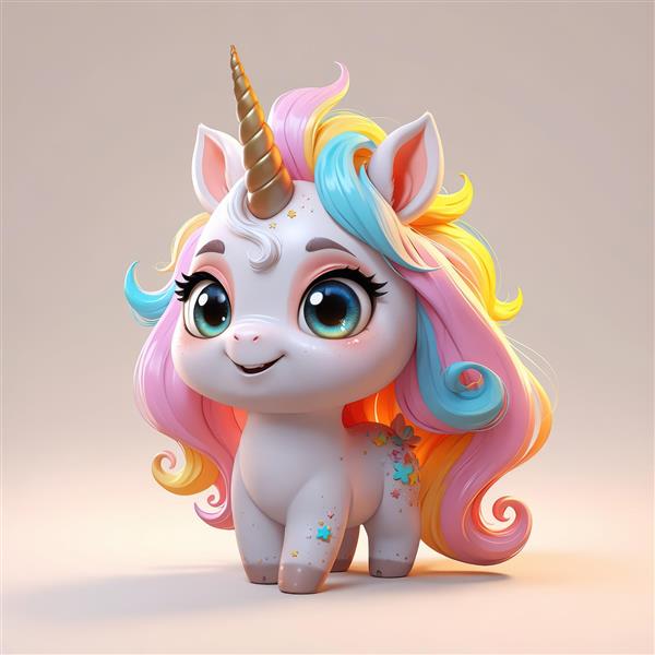 یونیکورن با یال مواج بلند صورتی، زرد و آبی؛ مناسب چاپ پوستر دکوراتیو