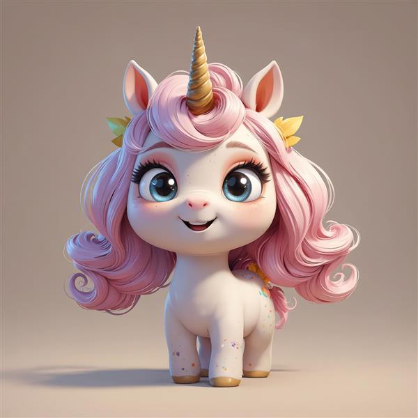یونیکورن دخترانه با یال صورتی فرفری و تاج برگ طلایی کوچک