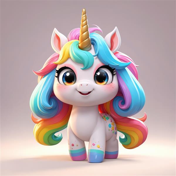 یونیکورن عروسکی با یال بلند و حجیم رنگین‌کمانی و چشمان قهوه‌ای درشت