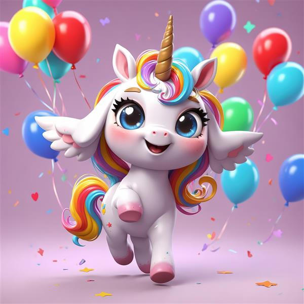 یونیکورن بالدار در حال پرواز و بازی در یک مهمانی پر از بادکنک و شادی