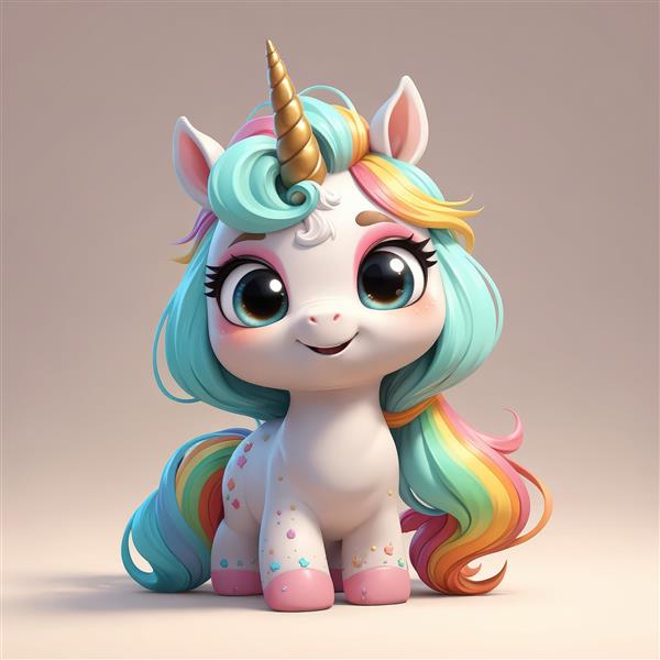 تصویر یونیکورن کارتونی نشسته با یال فیروزه‌ای و رنگین‌کمانی خیره‌کننده