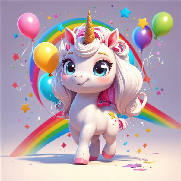یونیکورن فانتزی در حال دویدن با یال سفید و دُم رنگین‌کمانی در میان ستاره‌ها