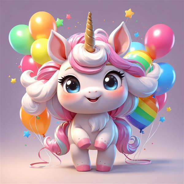 تصویر یونیکورن با تم جشن، یال صورتی و سفید و بادکنک‌های رنگارنگ