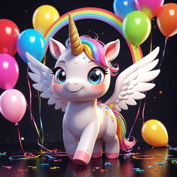 پگاسوس یونیکورن بالدار شاد در جشن تولد با بادکنک‌های رنگی