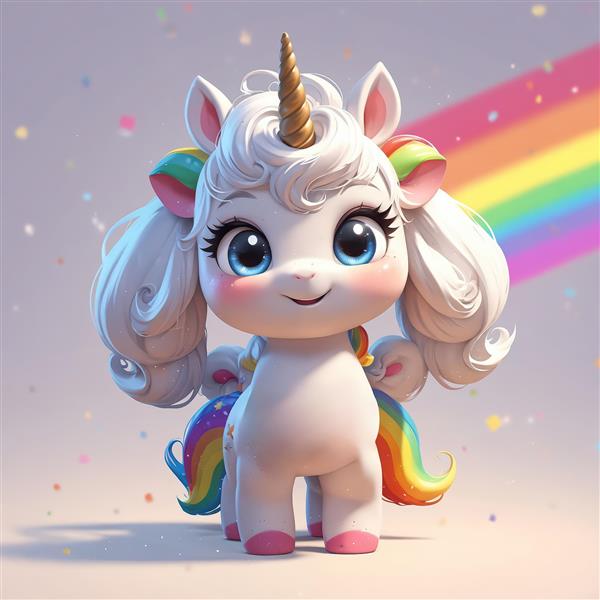 یونیکورن با یال سفید فرفری در کنار رنگین‌کمان شیب‌دار و دُم رنگی