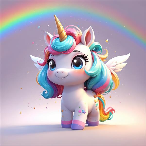 یونیکورن پگاسوس بال سفید با یال مواج رنگین‌کمانی در پس‌زمینه محو