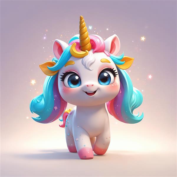 یونیکورن کوچک در حال راه رفتن با یال کوتاه آبی فیروزه‌ای و تل طلایی