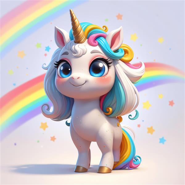 یونیکورن ایستاده شاد با چشمان آبی درشت و یال فرفری آبی و زرد