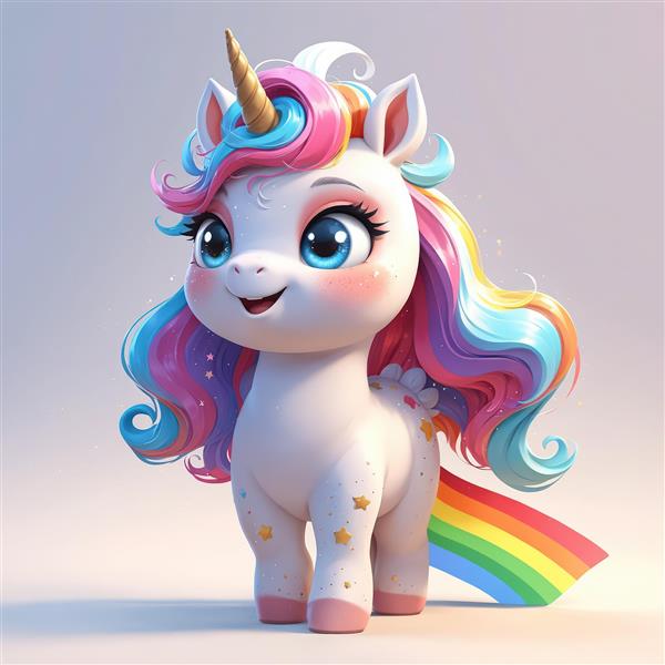 یونیکورن عروسکی با یال مواج صورتی و آبی و پرچم رنگین‌کمان در پس‌زمینه