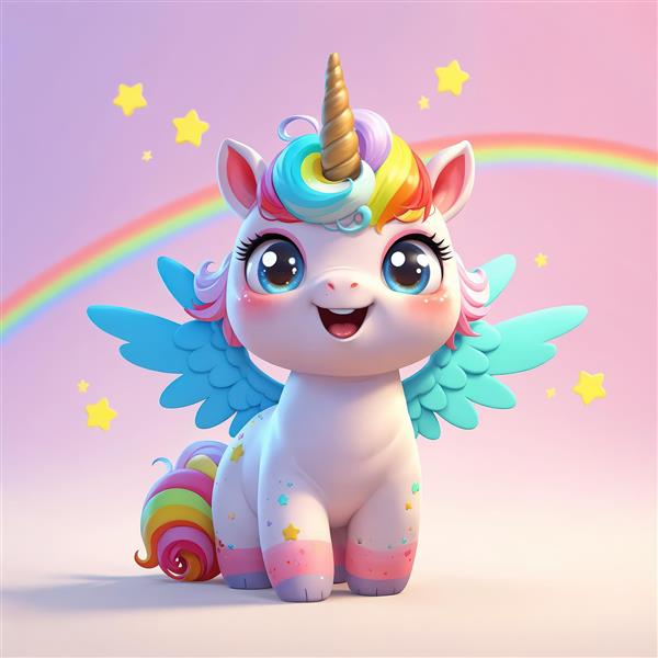 اسب پگاسوس یونیکورن بالدار آبی با یال رنگین‌کمانی در آسمان صورتی