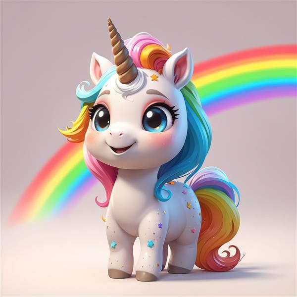 تصویر دکوراتیو یونیکورن خندان با پس‌زمینه رنگین‌کمان و ستاره‌های رنگی