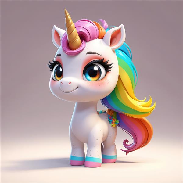 یونیکورن فانتزی با یال و دم رنگین‌کمانی و شاخ طلایی برجسته