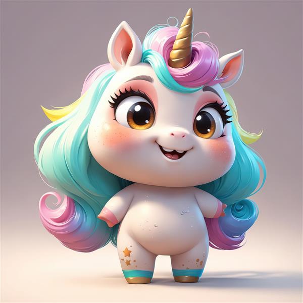 یونیکورن تپل با چشم‌های عسلی و یال فیروزه‌ای و صورتی روشن