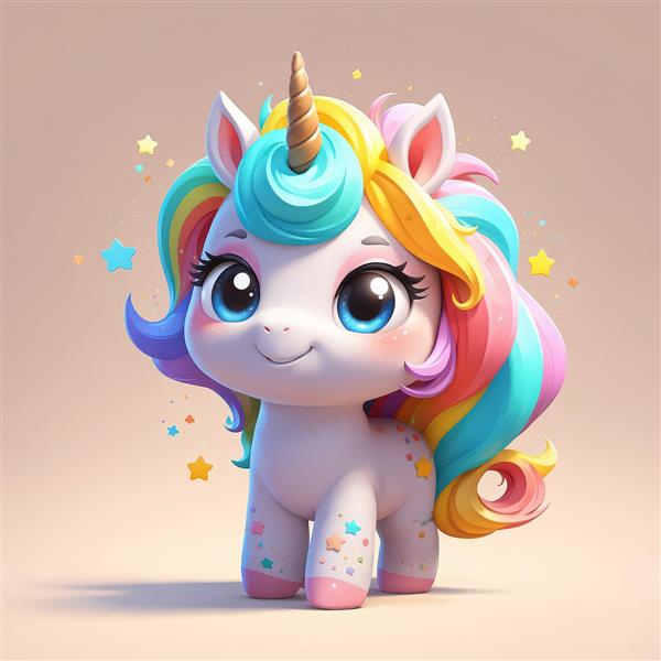 یونیکورن عروسکی خیره‌کننده با یال مواج رنگین‌کمان و ستاره‌های طلایی