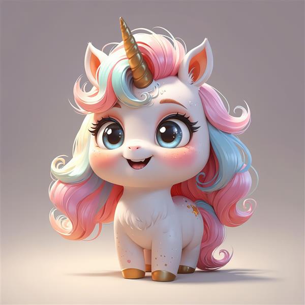 تصویر گرافیکی یونیکورن دخترانه با یال صورتی و آبی و چشم‌های زیبا