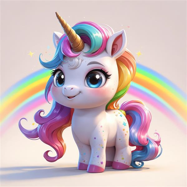 تابلو دکوراتیو یونیکورن با یال رنگارنگ و کمان رنگین‌کمان در پس‌زمینه